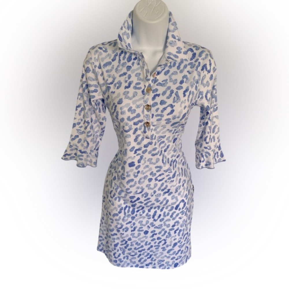 Ana Clare Blue and White Print Dress- XS white blue.  Polyester spandex ,